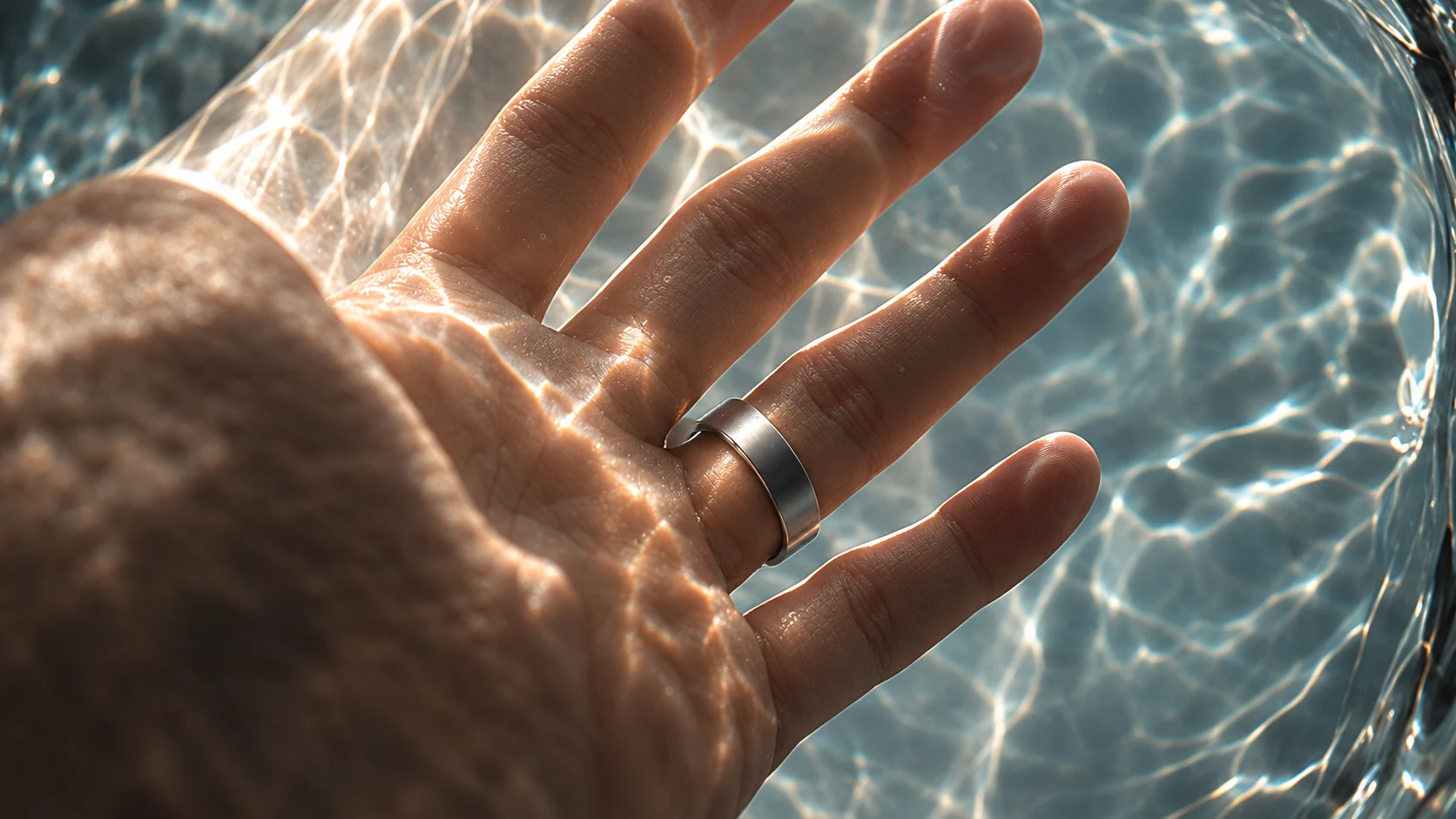 A hand wearing a silver smart ring submerged in calm, sunlit rippling water