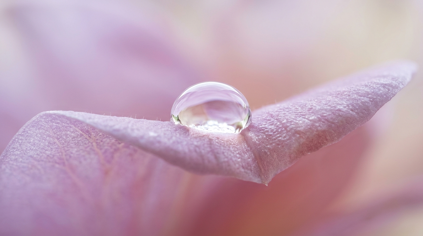 Macro close-up of crystal-clear water droplet on silky organic petal reflecting gentle light