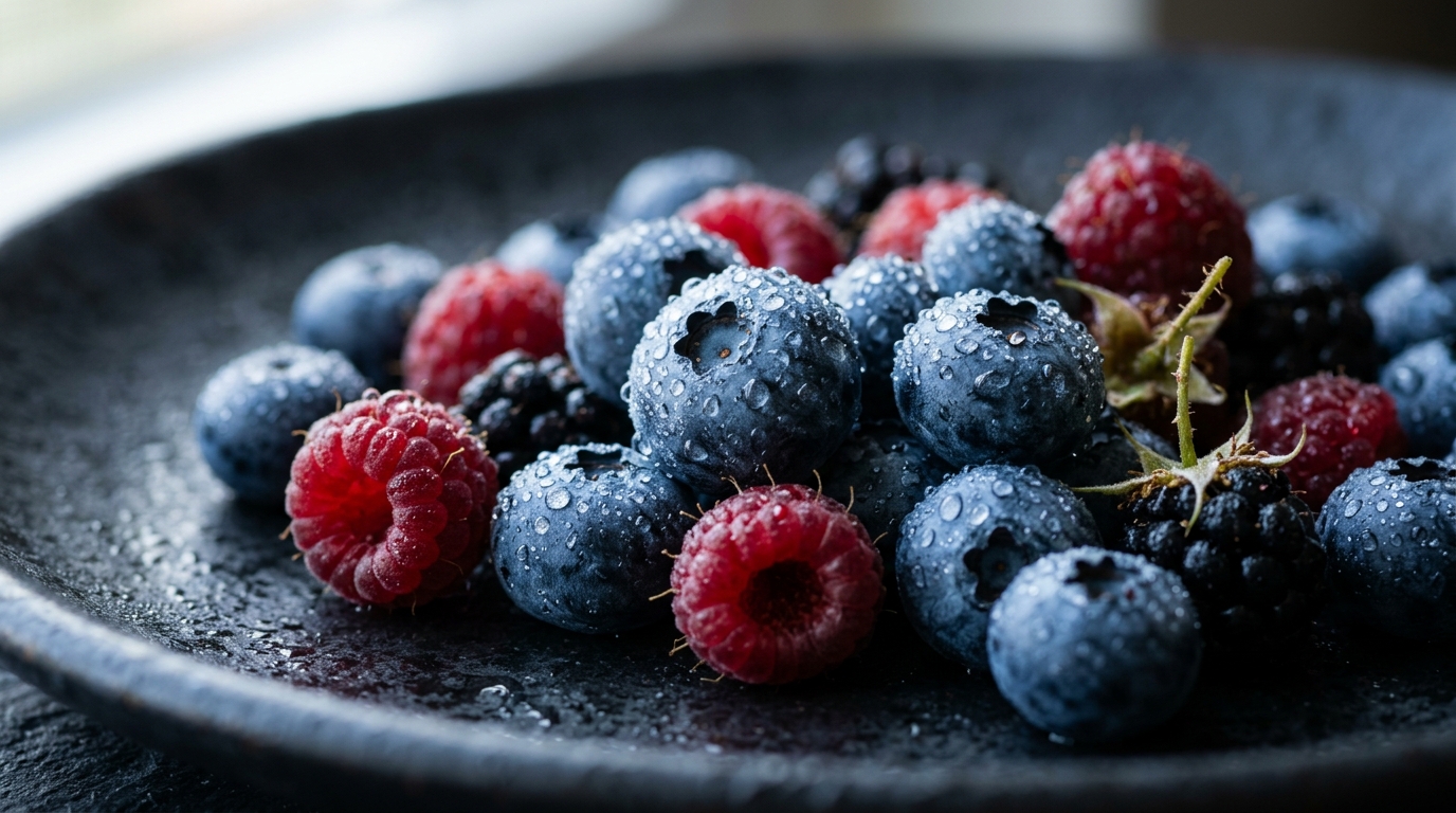 Macro close-up of dark fresh ripe berries with glistening water droplets on matte ceramic surface